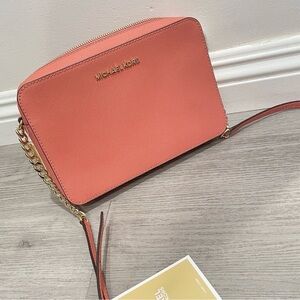 Michael Kors Coral-Peach Saffiano Leather Crossbody with Gold Hardware